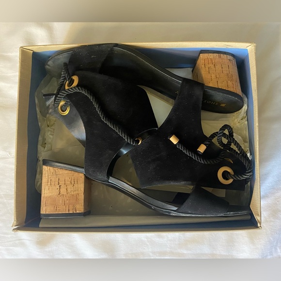 Shoes Of Prey Black Leather Suede Low Block Cork Heel Ankle Ties SZ US 12 Custom - Picture 2 of 15